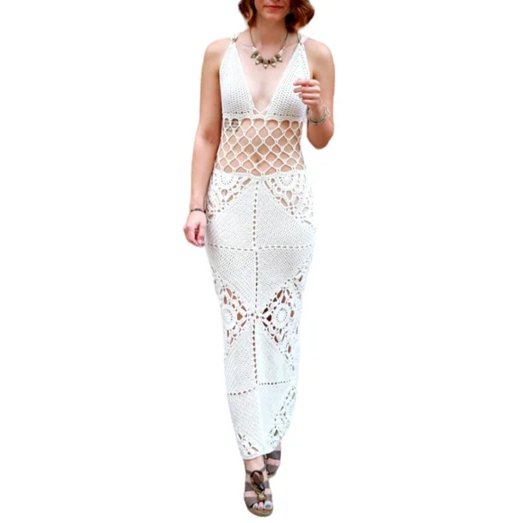 HANDCRAFTED Crochet Macrame Knit Dress Festival Midaxi Swim Cover Cream Tan S 4 - Picture 8 of 11